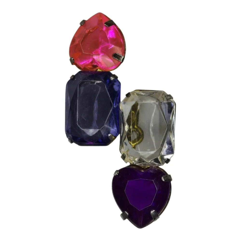 Vintage Brooch Glass Multi Heart Emerald Cut Rhinestone Vintage Pin Pink Purple